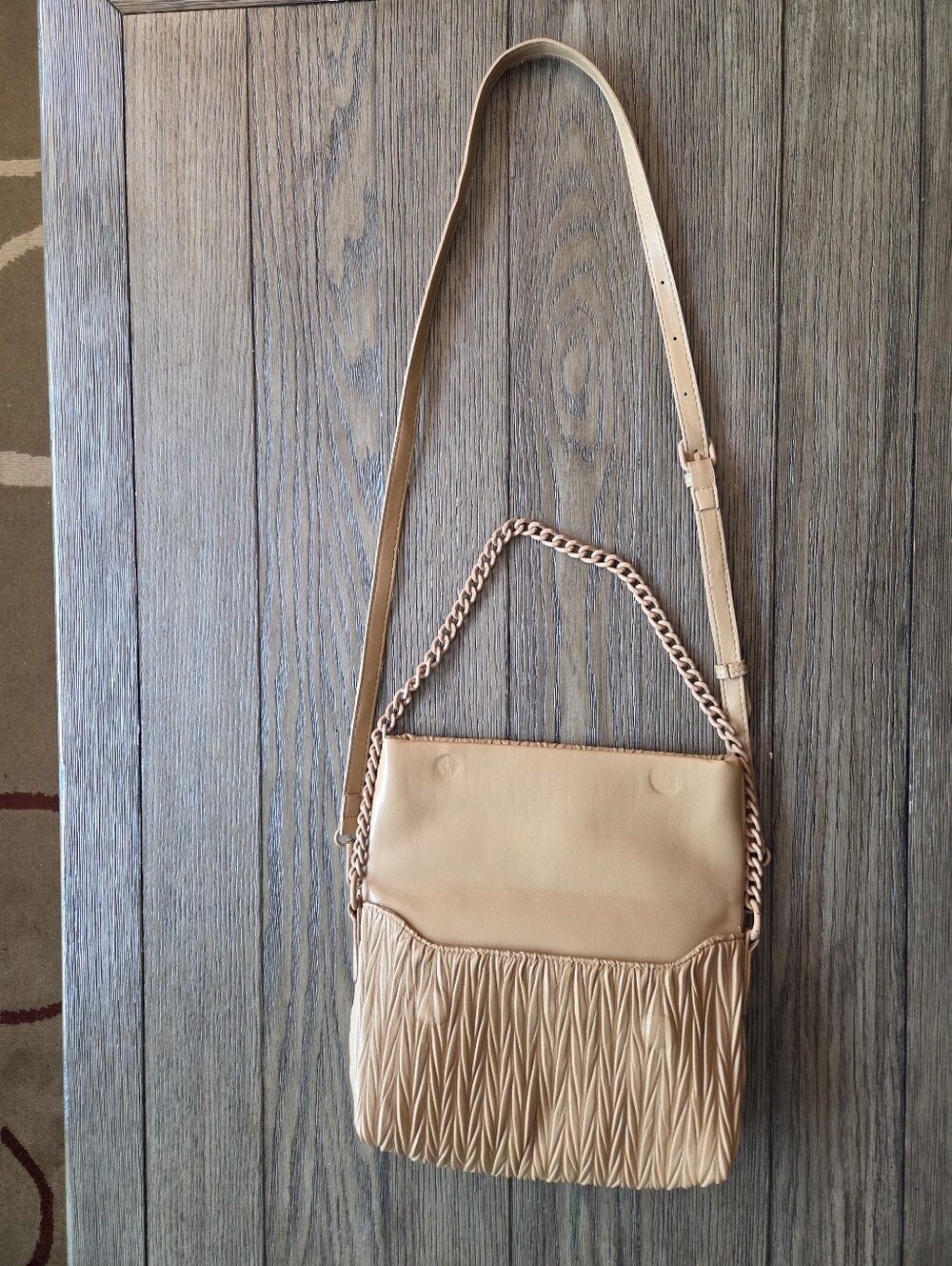 Madison West Tan Ruched Matelassé Crossbody Bag with Chain Accent